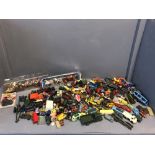 2 Boxes of assorted Matchbox, Corgi & other die cast vehicles, qty of Triang OO guage track &