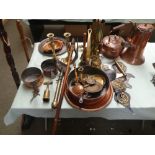 Quantity of brasswares, including warming pans, horse brasses, kettles, toasting forks etc