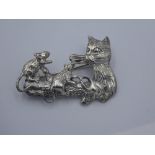 Silver cat brooch with 3 mice
