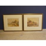 J KIRKPATRICK, C20th, two watercolours, "Village scene with cattle by the pond", & "Village church
