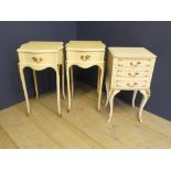 Pair of painted bedside tables & a painted bedside cabinet with 3 drawers on cabriole legs