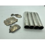 Hallmarked silver cigar case, marked A Sydenhams, Patent 21272; and 3 wine labels, PORT, BRANDY,