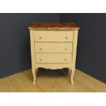Contemporary painted small chest of 3 drawers on raised legs 58W x 77H cm