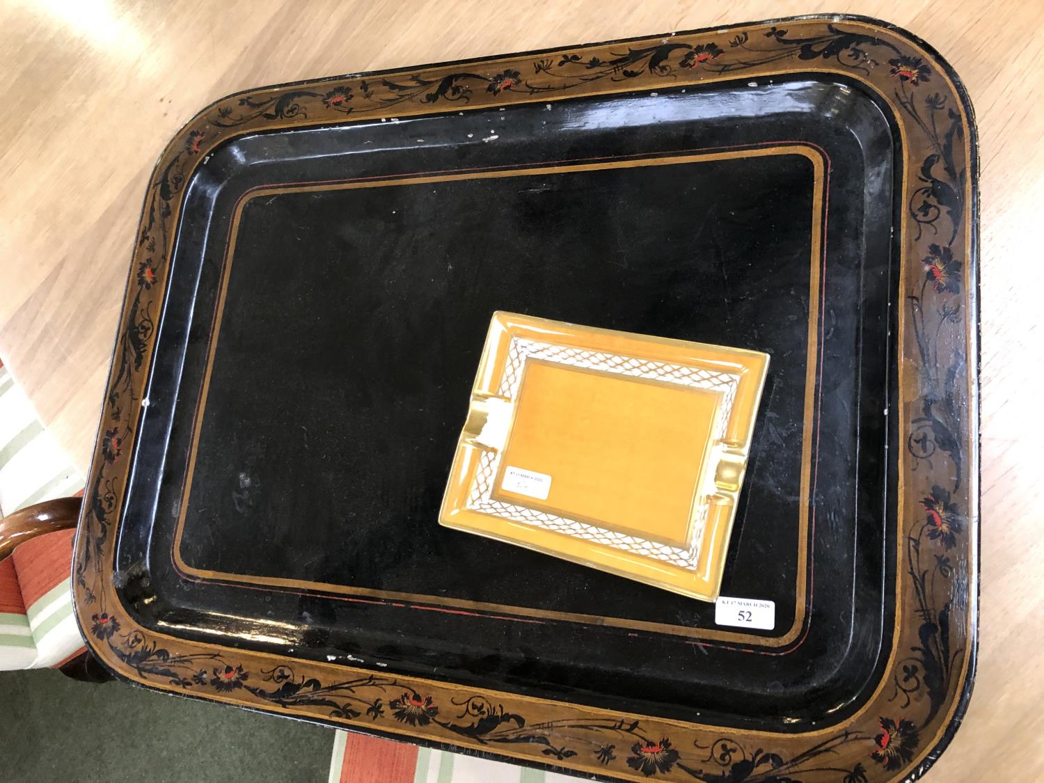 large Black tray and a gilt ashtray