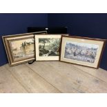 2 Folios of C19th prints & illustrations, 2 framed hunting prints & 1970 watercolour canal scene Bow
