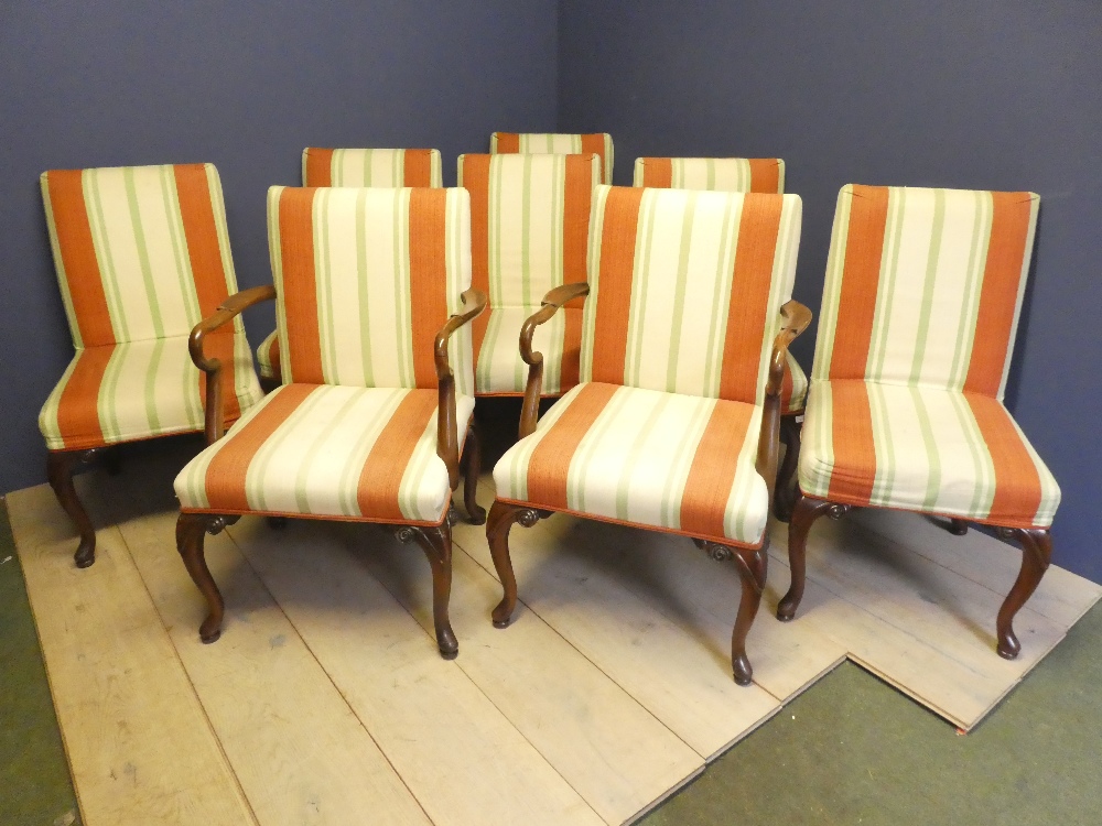 Set of 8 dining chairs (6+2), upholstered in cream & orange striped fabric (removable covers)