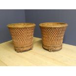 A similar pair of large and decorative terracotta pots with lattice pattern 55D x 54H cm