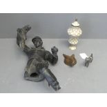 Large bronzed hunstman with fox broken & other items to include porcelain ornament, small dog figure