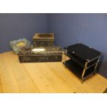 Entertainment trolley, 2 metal trunks & metal wire baskets, & assortment of tiles