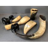 Quantity of whale teeth (2 as scrimshaw), figures of wooden elephants, and horn/horn beaker