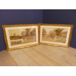 Early C20th, Pair of watercolours, "Cart horses by the village pond", & "Cart horses by the
