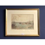 F FITCH (1880-1925) mixed media, fox hunting scene, signed lower right, 22.5H x 32W cm