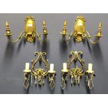Pair of gilt & painted metal wall sconces with coloured & white lustres & a pair of oval brass