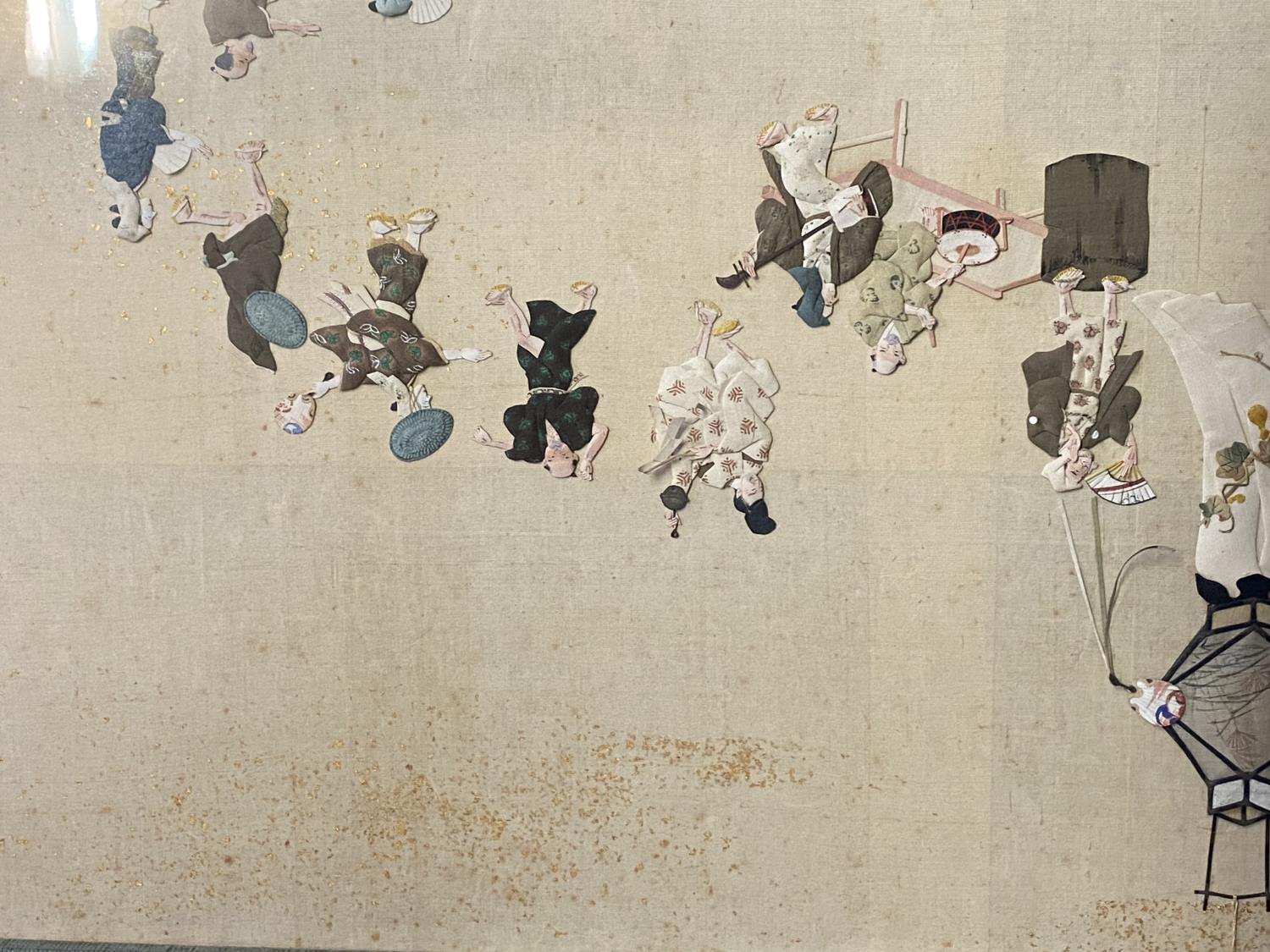 Japanese Meiji Era Oshie panel of a traditional fan dance in the form of a ring of 19 characters, - Image 5 of 8