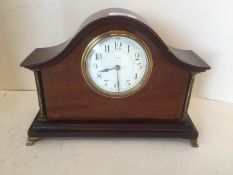 Edwardian inlaid mahogany small French mantle clock, by Bloom Glasgow, with key. 27cmL CONDITION