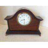 Edwardian inlaid mahogany small French mantle clock, by Bloom Glasgow, with key. 27cmL CONDITION