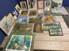 A quantity of framed and unframed portrait pictures and other artwork cleared from an artists studio