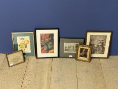 Qty of framed pictures to include still life, print of apples, St Francis preaching to the Birds,