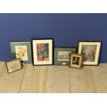 Qty of framed pictures to include still life, print of apples, St Francis preaching to the Birds,
