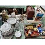 House clearance lot of China, glass, toys, including a MAMOD STEAM engine, boxed, lion inks, lamp,