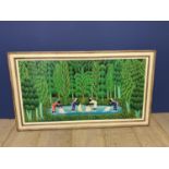 Decorative colourful, framed oleograph - Ladies washing in lake in Antigua 51.5 x 98.5