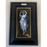 Limoges convex oblong ceramic plaque of a female musician in a black wooden frame 20x9cm