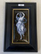 Limoges convex oblong ceramic plaque of a female musician in a black wooden frame 20x9cm