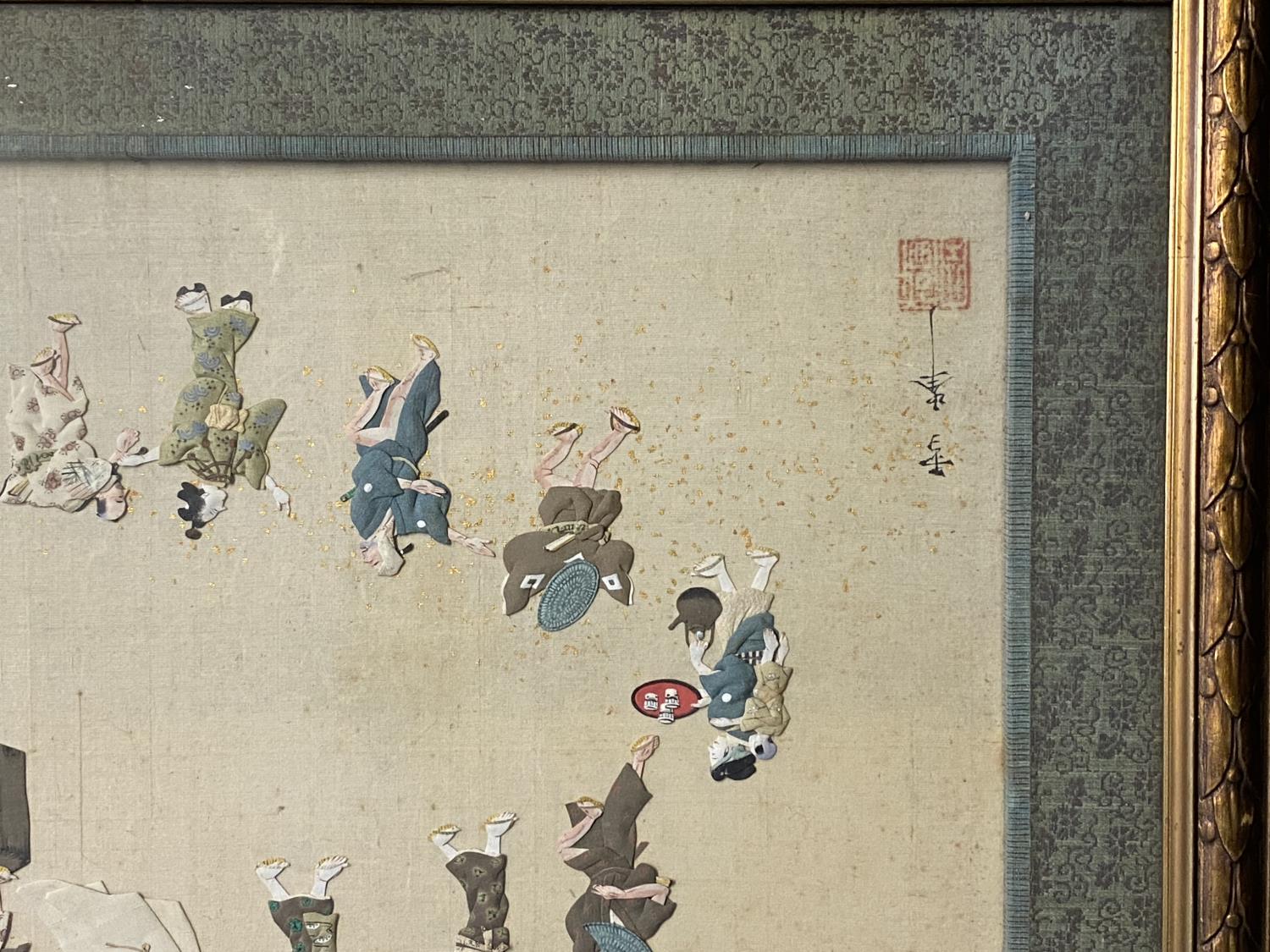 Japanese Meiji Era Oshie panel of a traditional fan dance in the form of a ring of 19 characters, - Image 3 of 8