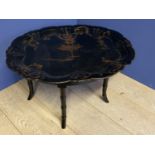 Regency style black lacquered papier mache large tray on stand. 79 x 66