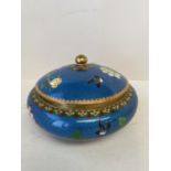 Bright blue ground Cloisonne lidded shallow pot. 19cm Dia, 12 H CONDITION: No visible signs of