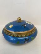 Bright blue ground Cloisonne lidded shallow pot. 19cm Dia, 12 H CONDITION: No visible signs of