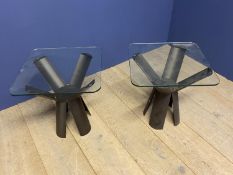 2 modern glass side tables with metal bases, by Tom Faulkner (cost vendor £1000), and a Workbench