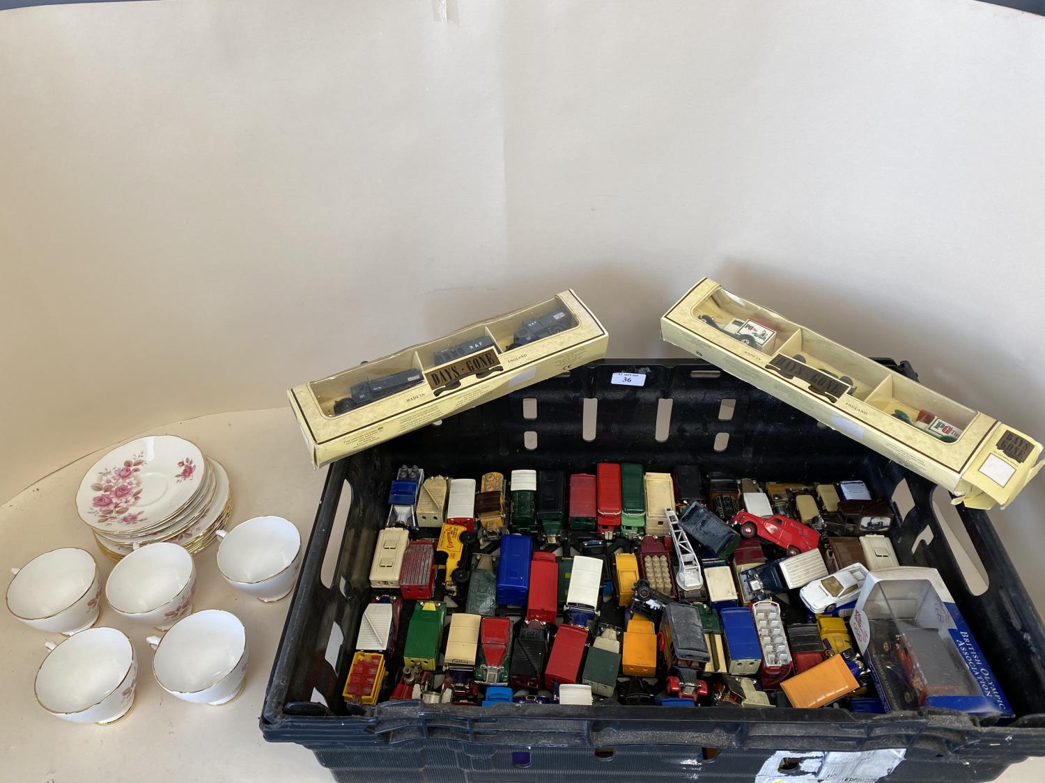 Quantity of Royal Sutherland china, and Days Gone By Toy cars 84, approx