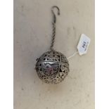 Small Chinese miniature swinging censor within a pierced white metal sphere , 5cm diam