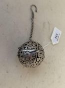 Small Chinese miniature swinging censor within a pierced white metal sphere , 5cm diam