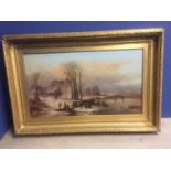 C18/C19th Oil on canvas Dutch snow scene of villagers skating on the pond 56x100cm in gilt frame,