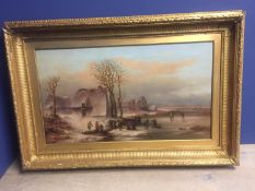 C18/C19th Oil on canvas Dutch snow scene of villagers skating on the pond 56x100cm in gilt frame,