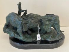 Verdigrated bronze of a recumbent elephant and her calf on an oval marble base signed B.C.Zheny?