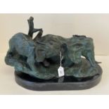 Verdigrated bronze of a recumbent elephant and her calf on an oval marble base signed B.C.Zheny?