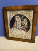 Tapestry needlework depicting Madonna and child in maple frame 40 x 35
