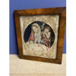 Tapestry needlework depicting Madonna and child in maple frame 40 x 35