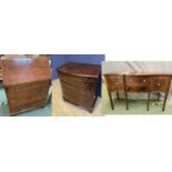 Small mahogany bureau, repro serpentine mahogany sideboard and bow front chest of drawers, small,