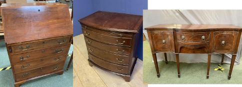 Small mahogany bureau, repro serpentine mahogany sideboard and bow front chest of drawers, small,