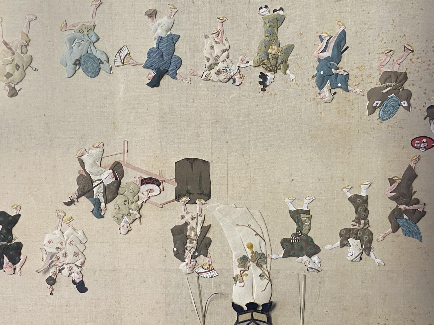 Japanese Meiji Era Oshie panel of a traditional fan dance in the form of a ring of 19 characters, - Image 6 of 8