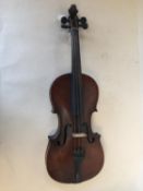 German violin Circa 1890, labelled Stradivarius with black case & bow CONDITION: good, fake wear