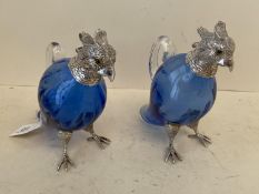 Pair of blue small glass & EPNS decanters with hinged lids in the form of pheasants 16cmH CONDITION: