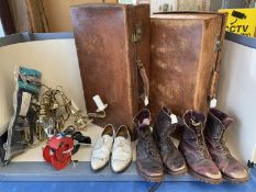 General clearance lot of bridle hooks, shoes, 2 leather suitcases, 3 wall lights etc