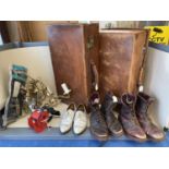 General clearance lot of bridle hooks, shoes, 2 leather suitcases, 3 wall lights etc