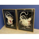 Pair very fine quality C19th Japanese embroidered silk pictures of cockerels in bamboo style frames