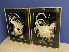 Pair very fine quality C19th Japanese embroidered silk pictures of cockerels in bamboo style frames
